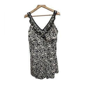 Maxine of Hollywood Black White Abstract Animal Print Ruffle Swimsuit Dress 20W
